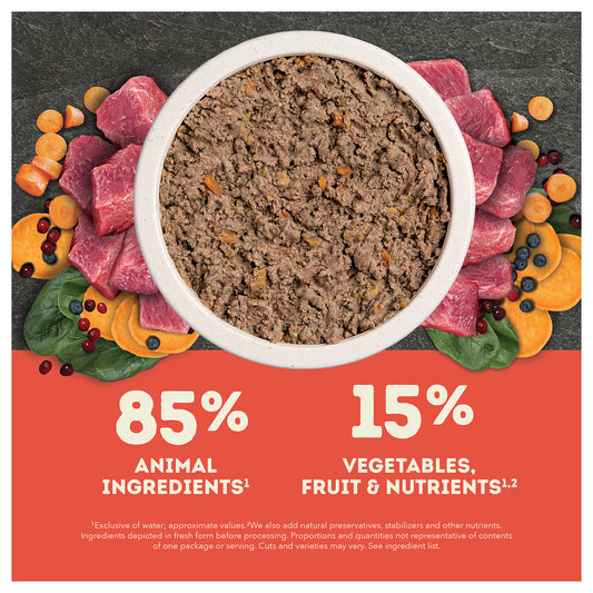 Bowl of ACANA Classics Beef pâté surrounded by beef, fruit, and vegetables; 85% animal ingredients and 15% vegetables, fruit, and nutrients.