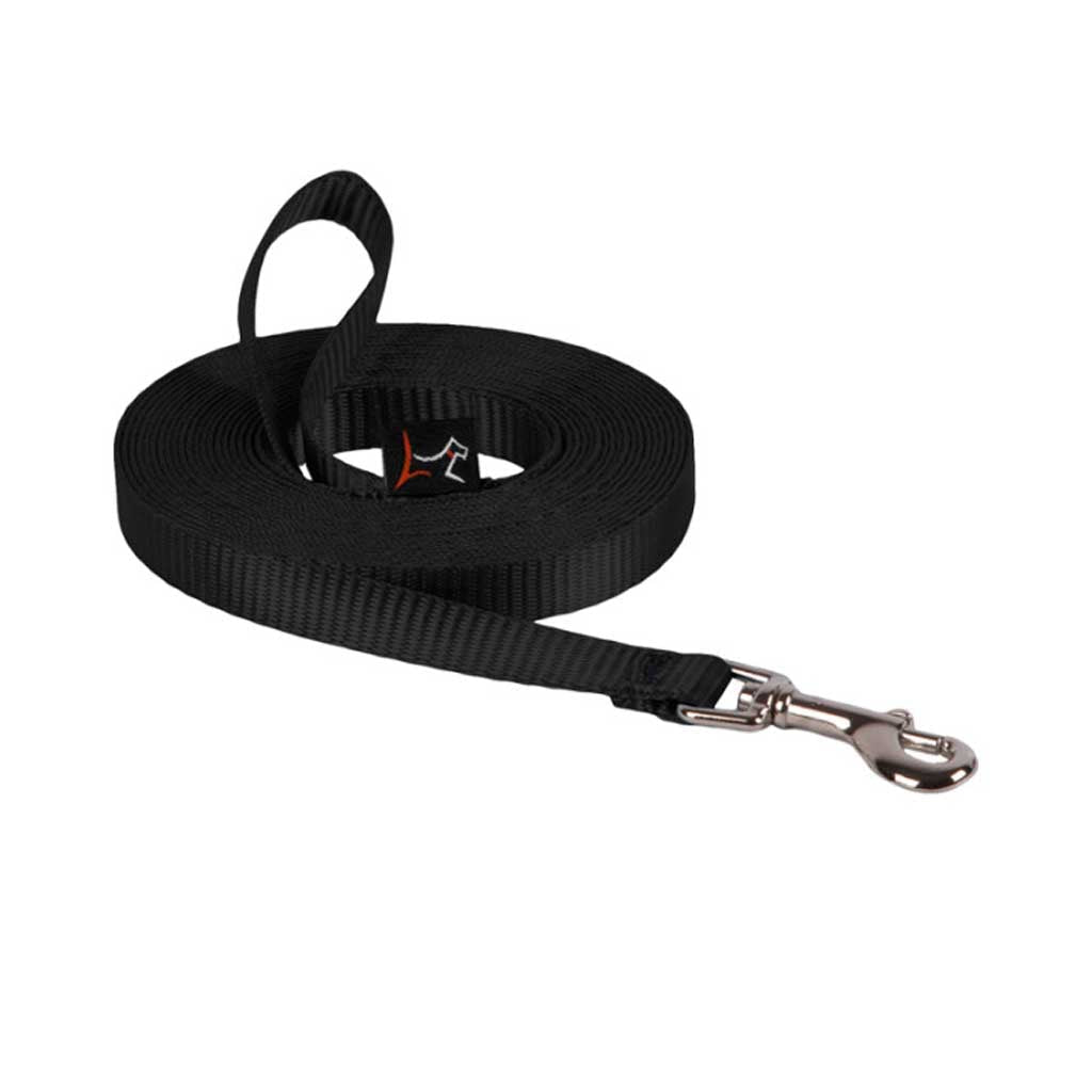Coiled black Lupine Pet long-line training leash with a loop handle and silver swivel snap.
