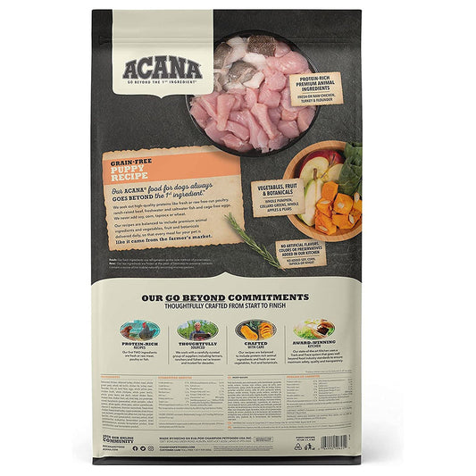 Back of ACANA Puppy & Junior Recipe dog food bag, showing ingredients, nutrition information, and feeding guidance.