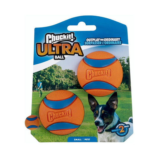 Chuckit! Ultra Ball small two-pack with orange and blue rubber balls on blue retail packaging marked Small.