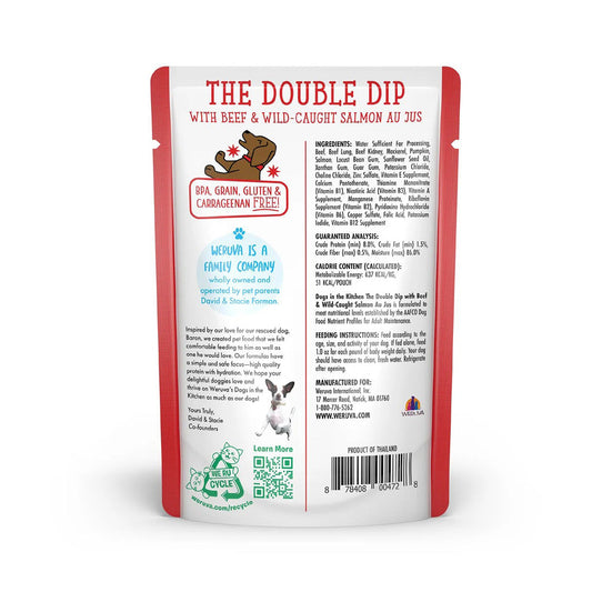 Weruva Dogs in the Kitchen The Double Dip with beef and wild-caught salmon au jus 2.8oz back of pouch