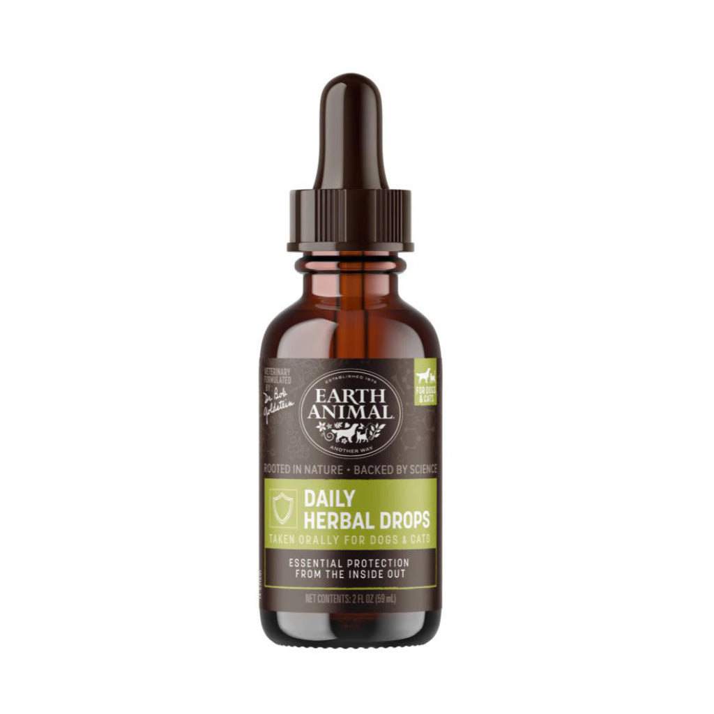 Amber 2 oz dropper bottle of Earth Animal Daily Herbal Drops for dogs and cats with a green and brown label.