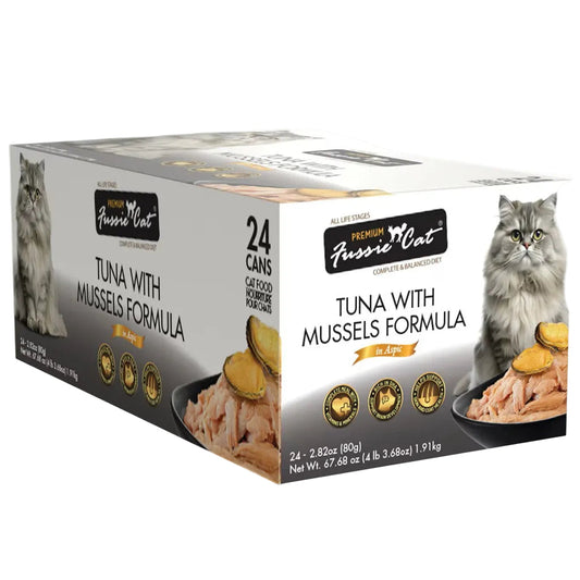 Fussie Cat tuna with mussels formula in aspic case of 24 2.8oz cans