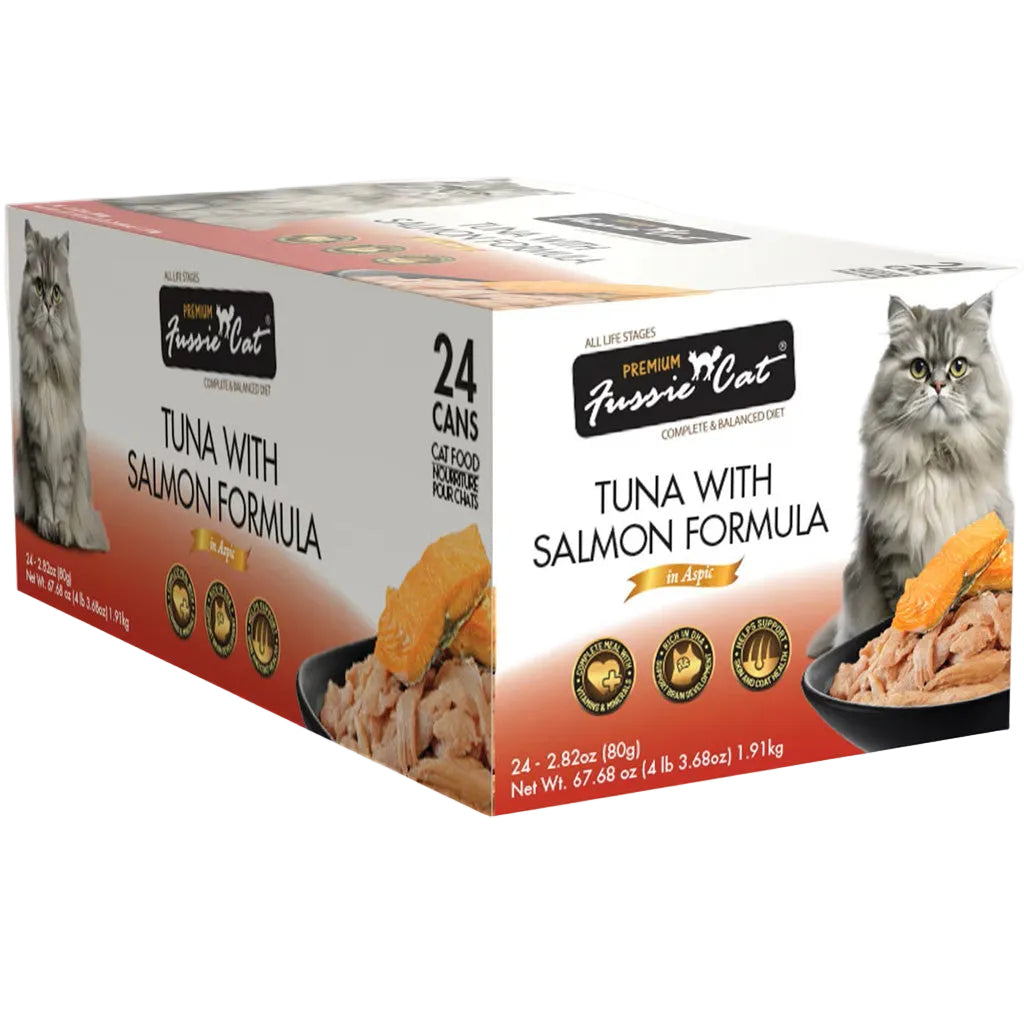 Fussie Cat tuna with salmon formula in aspic case of 24 2.8oz cans