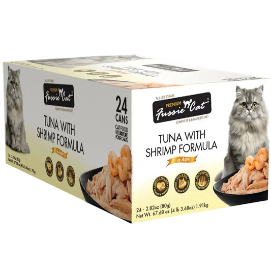 Fussie Cat tuna with shrimp formula in aspic case of 24 2.8oz cans