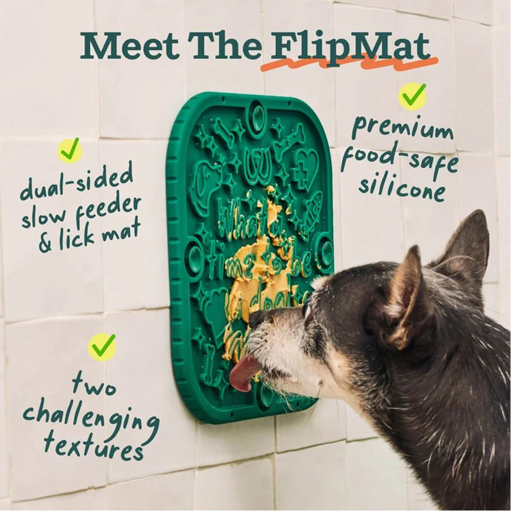 Dog licking peanut butter off of Flipmat suctioned to the wall. Meet the FlipMat. Premium food-safe silicone. dual-sided slow feeder and lick mat. two challenging textures
