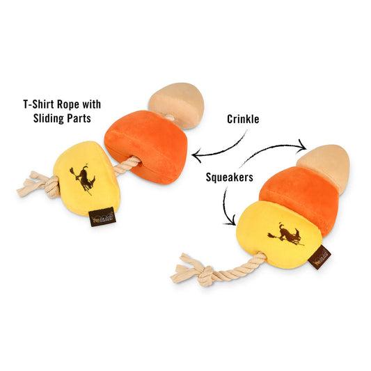 P.L.A.Y. Canine Corn toy diagram showing sliding parts on a T-shirt rope, crinkle material, and squeakers.