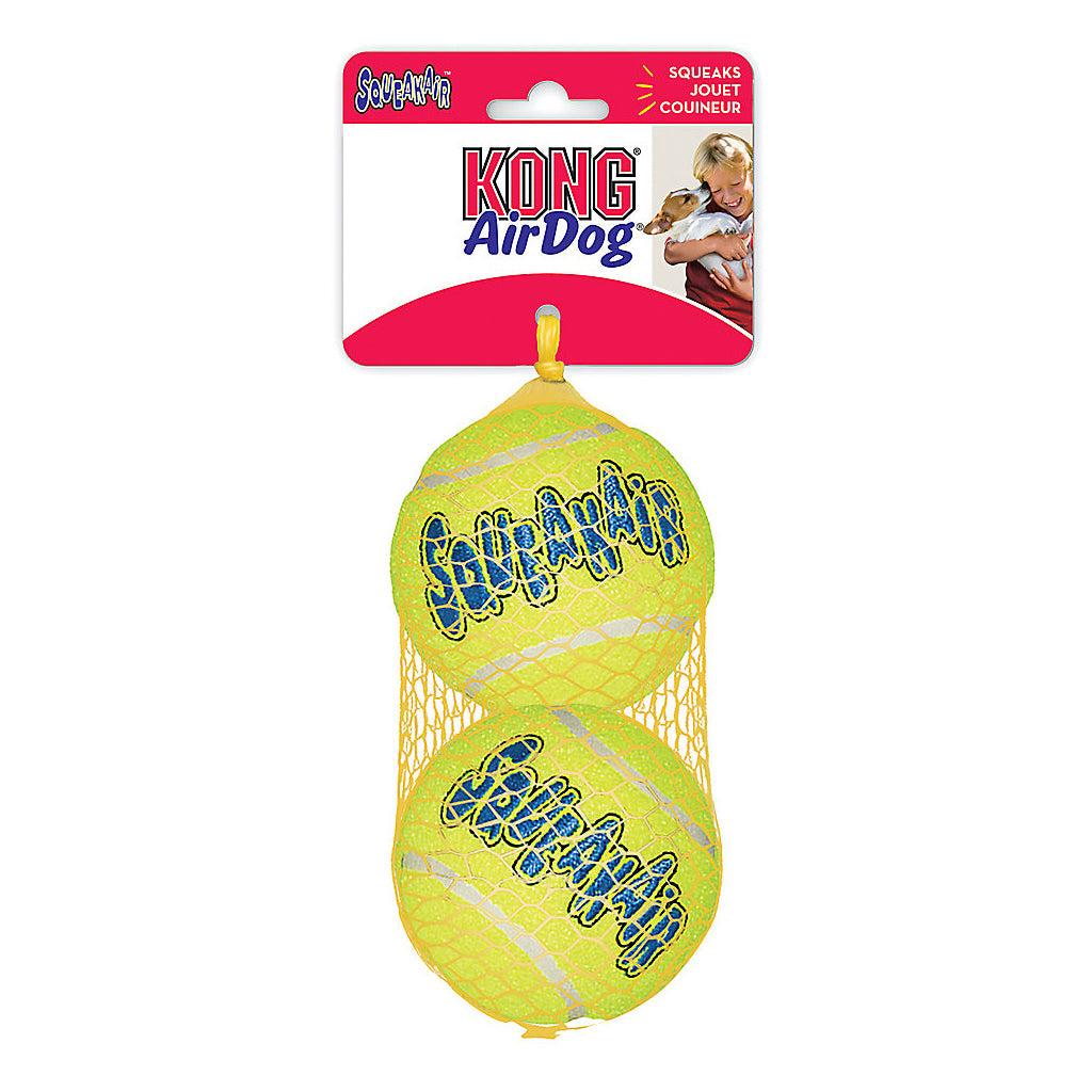 KONG SqueakAir large two-pack of yellow tennis balls in mesh retail packaging.