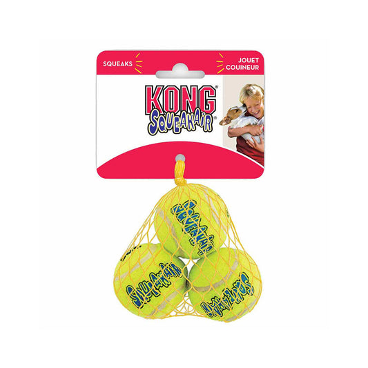 KONG SqueakAir extra-small three-pack of yellow tennis balls in a mesh bag with branded header card.