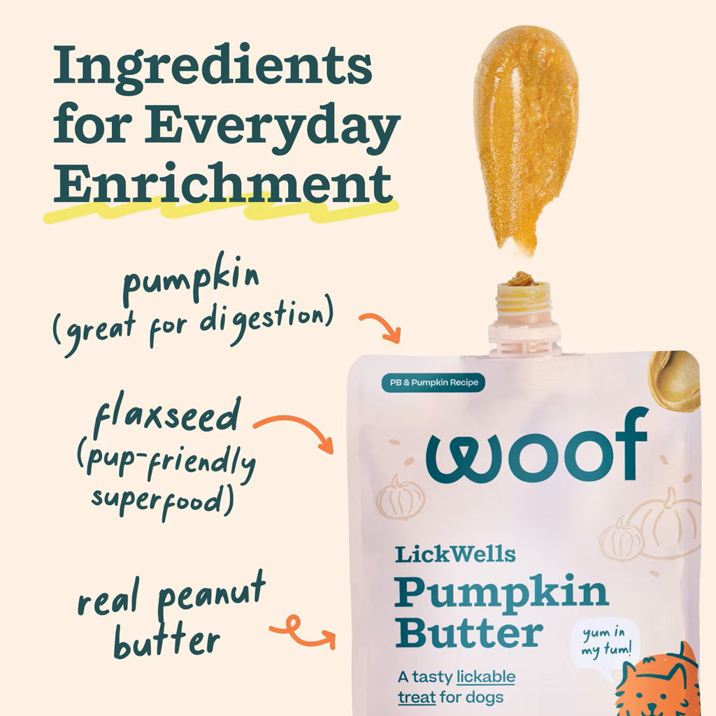 Ingredients for everyday enrichment. pumpkin (great for digestion). flaxseed (pup-friendly superfood). real peanut butter