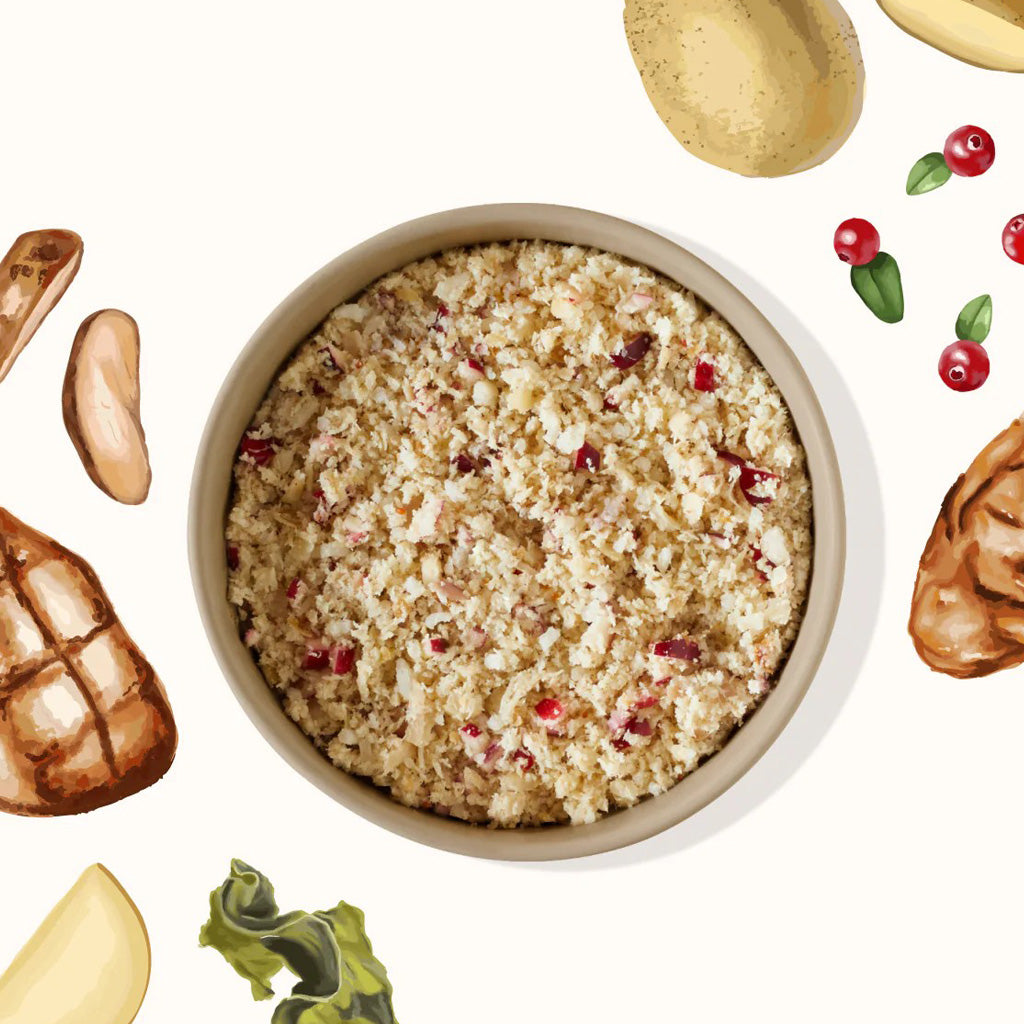 My Perfect Pet Chicken recipe in bowl, surrounded by illustrations of ingredients including chicken, potatoes, and cranberries