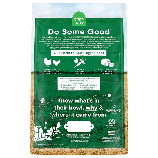 Homestead Turkey & Chicken Grain-Free Recipe for Dogs back of bag.