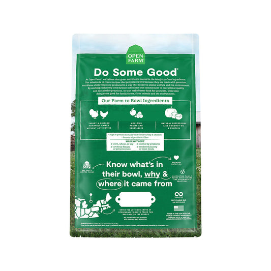 Homestead Turkey & Chicken Grain-Free Cat Kibble back of bag.