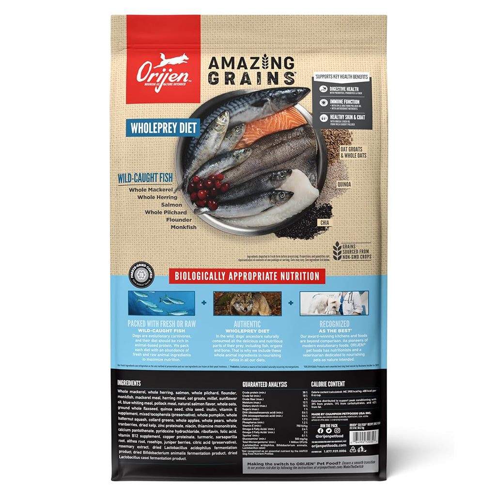 Orijen Amazing Grains Six Fish back of bag.