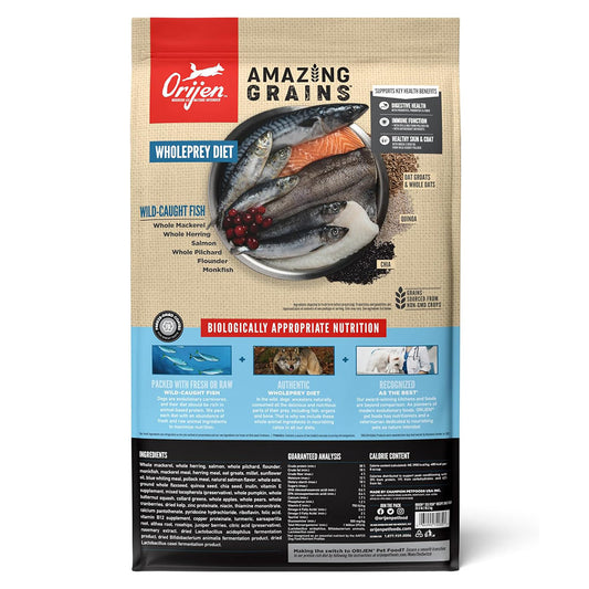 Orijen Amazing Grains Six Fish back of bag.