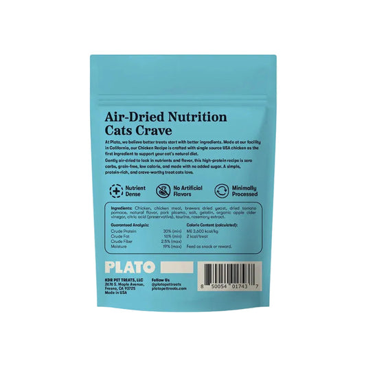 Plato air-dried cat treats chicken with catnip recipe 2.5oz back of package