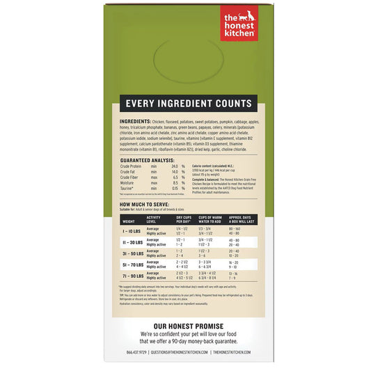 The Honest Kitchen Wholemade grain free chicken recipe side of box