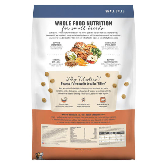 The Honest Kitchen Whole Food Clusters Small Breed grain free beef and superfoods recipe back of bag
