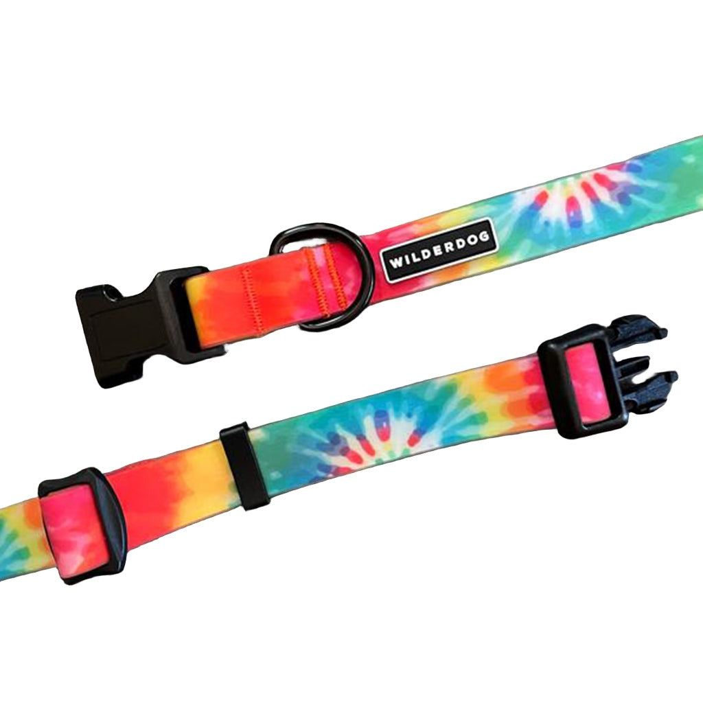 Wilderdog Tie Dye waterproof dog collar showing rainbow pattern, adjustable strap, black buckle and D-ring