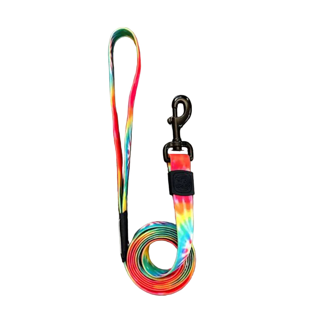 Wilderdog Tie Dye waterproof dog leash with rainbow pattern, loop handle and black swivel clip, coiled on white