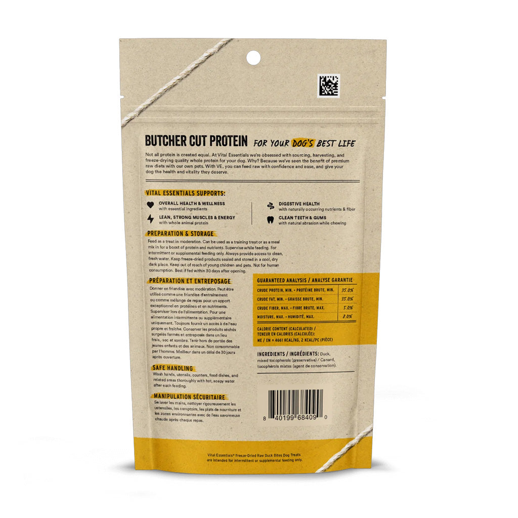 Freeze-dried Duck Bites Treats for Dogs back of bag.