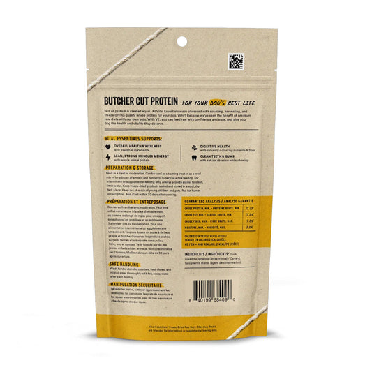 Freeze-dried Duck Bites Treats for Dogs back of bag.