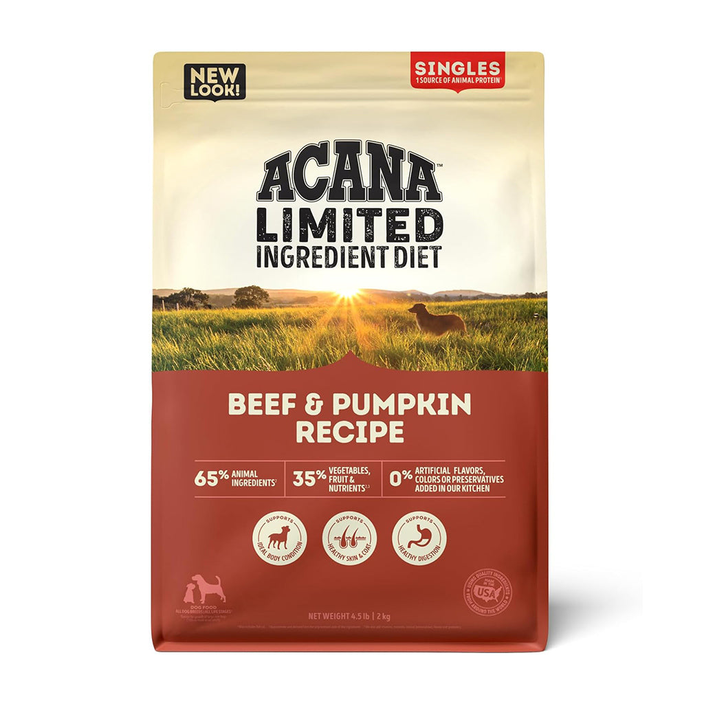 Front of ACANA Singles Limited Ingredient Diet Beef & Pumpkin Recipe dry dog food bag with a red label.