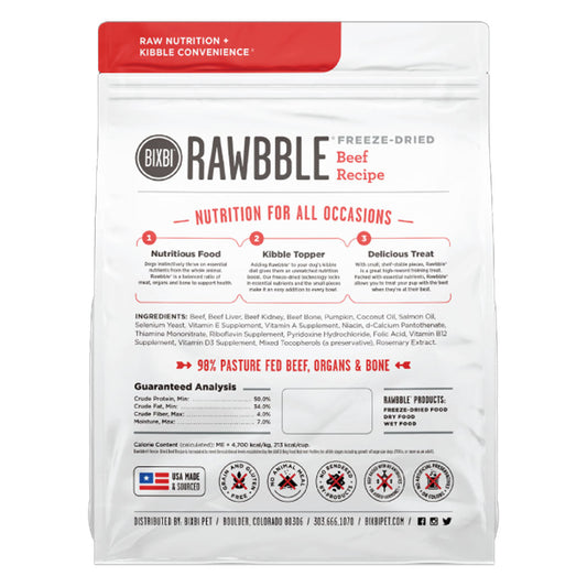 Back of BIXBI RAWBBLE Beef Recipe freeze-dried dog food bag, showing ingredients, guaranteed analysis, and food, topper, and treat uses.