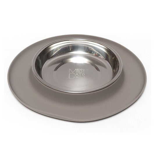Messy Cats stainless steel saucer nestled in a gray silicone feeder base with a wide raised rim.