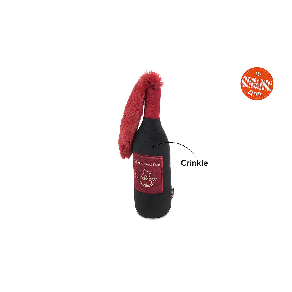 Cat catnip toy in the shape of a wine bottle with crinkle sounds.