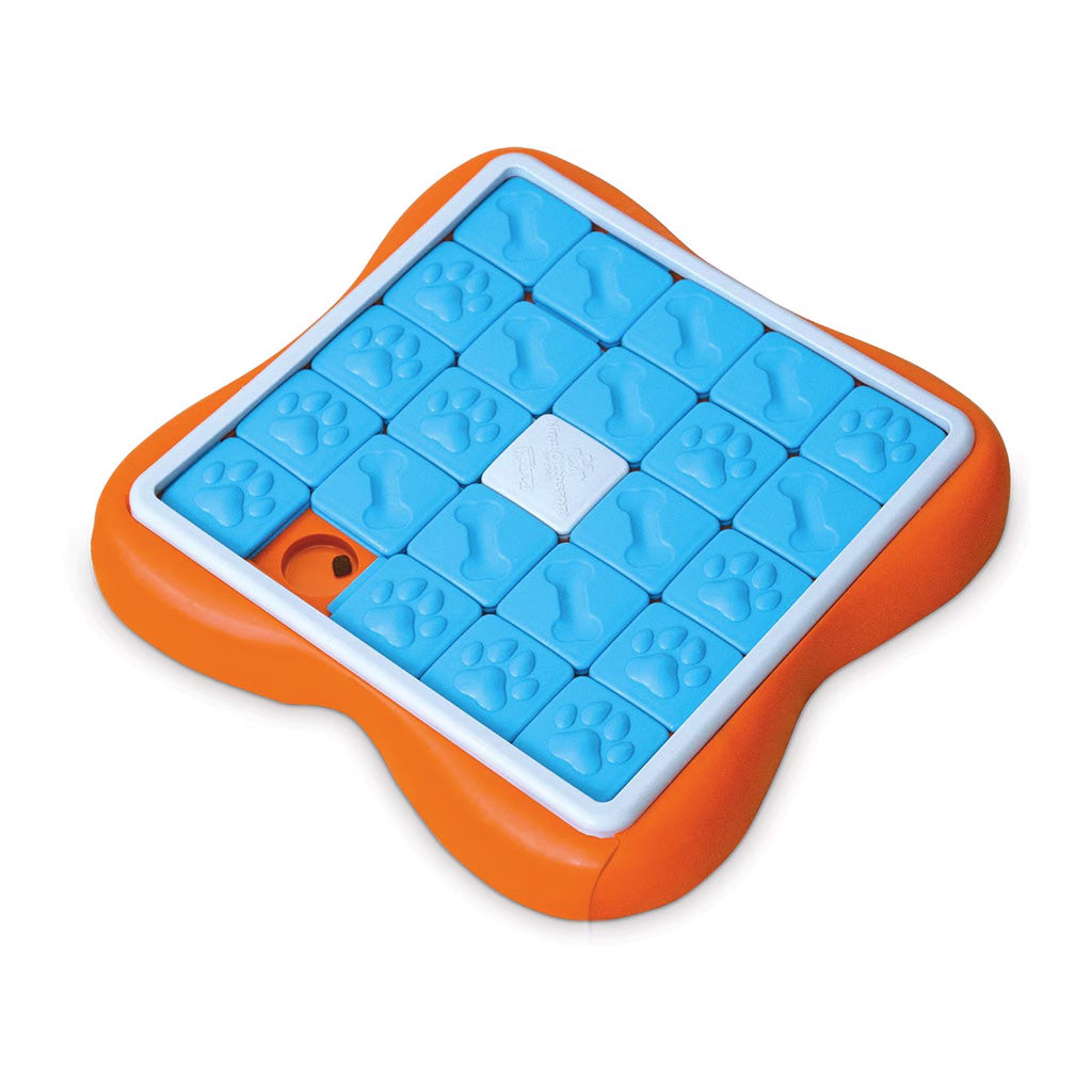 Nina Ottosson by Outward Hound Challenge Slider dog puzzle with blue sliding tiles, paw and bone designs, and an orange treat tray.
