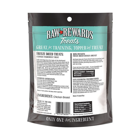 Back of Northwest Naturals Raw Rewards chicken breast treat bag showing ingredient, guaranteed analysis, feeding guidelines, and handling instructions