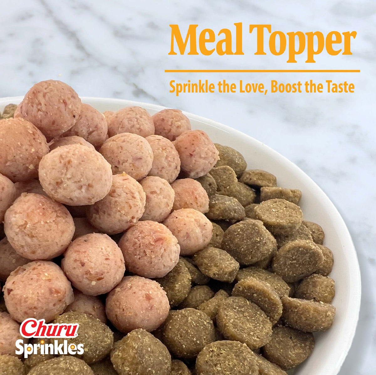 Churu Sprinkles morsels served over dry cat food as a meal topper