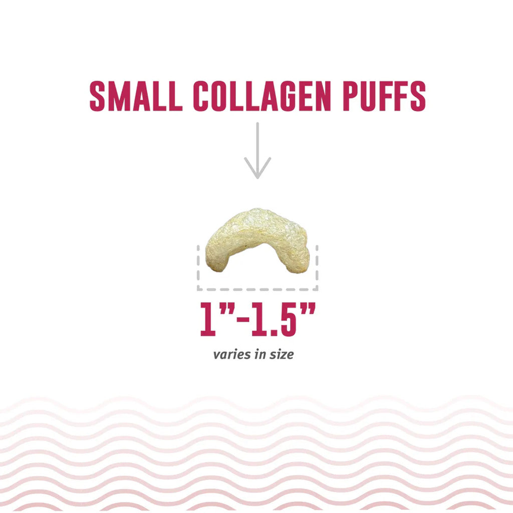 Icelandic+ small collagen puff size guide showing a curved puff measuring 1 to 1.5 inches