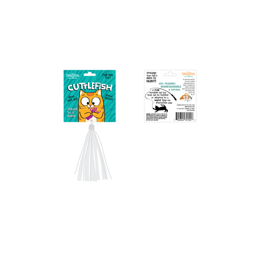 Front and back packaging views of the Dezi & Roo Cuttlefish cat wand attachment with white paper streamers.