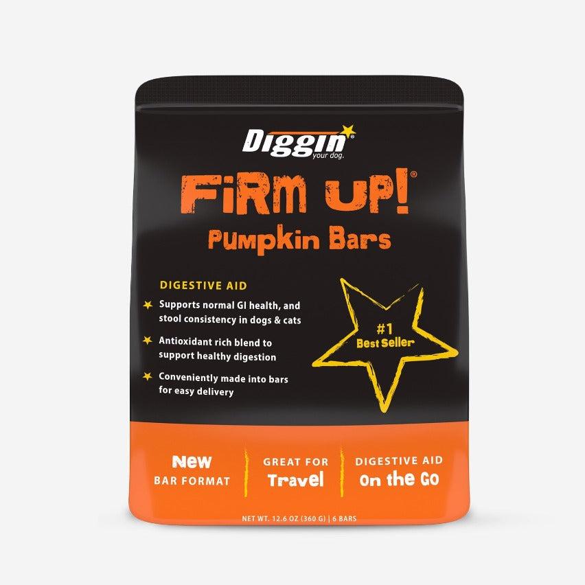 Front of the black and orange Diggin' Your Dog Firm Up! Pumpkin Bars six-pack pouch for dogs and cats, 12.6 oz, on a white background.