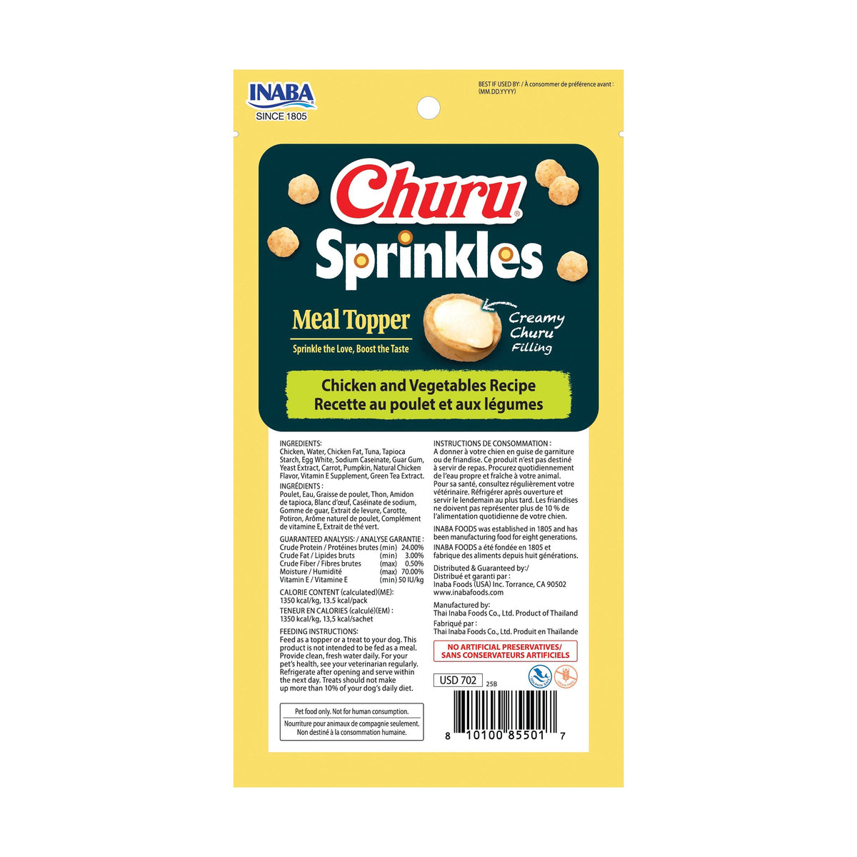 Back of Churu Sprinkles Chicken and Vegetables Recipe dog topper bag with ingredients, guaranteed analysis, calories and feeding instructions