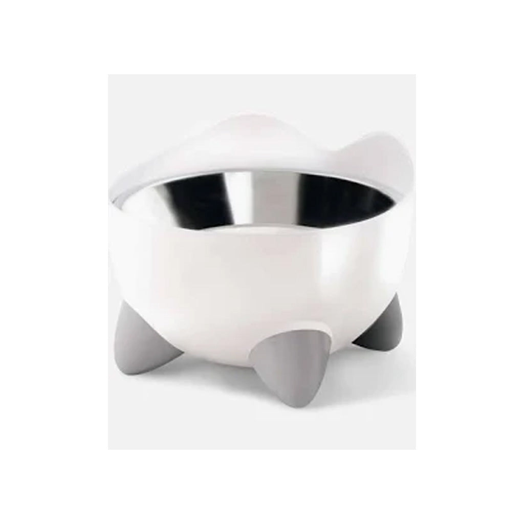 White Catit PIXI elevated feeding dish with cat-ear details, a stainless steel bowl, and three gray feet.