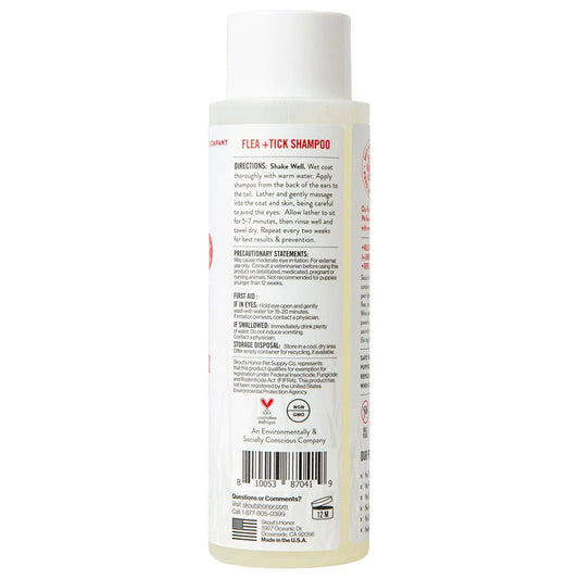 Flea & Tick Dog Shampoo 16 oz back of bottle.
