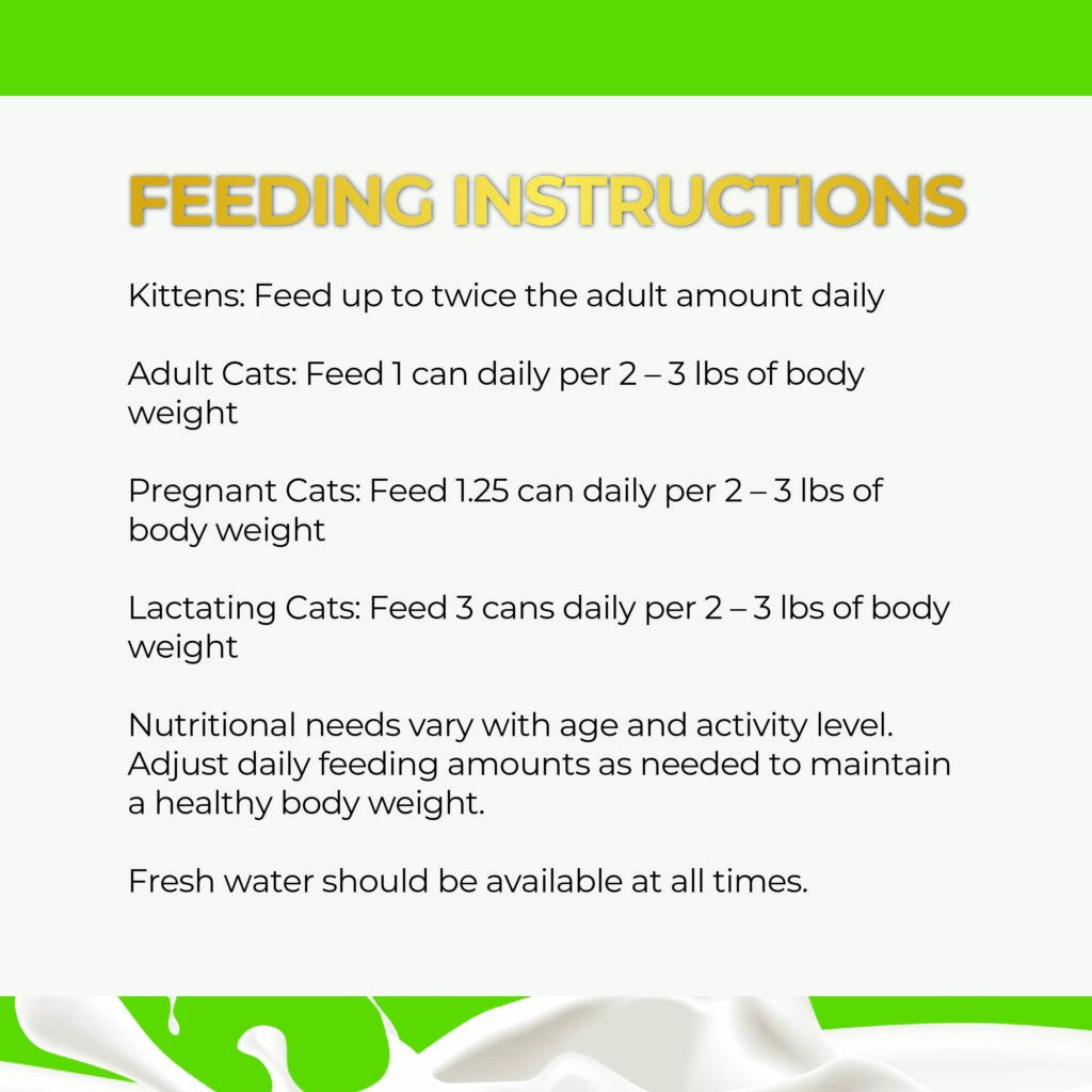 Fussie Cat feeding guide for kittens, adult, pregnant and lactating cats, with reminders to adjust portions and provide fresh water