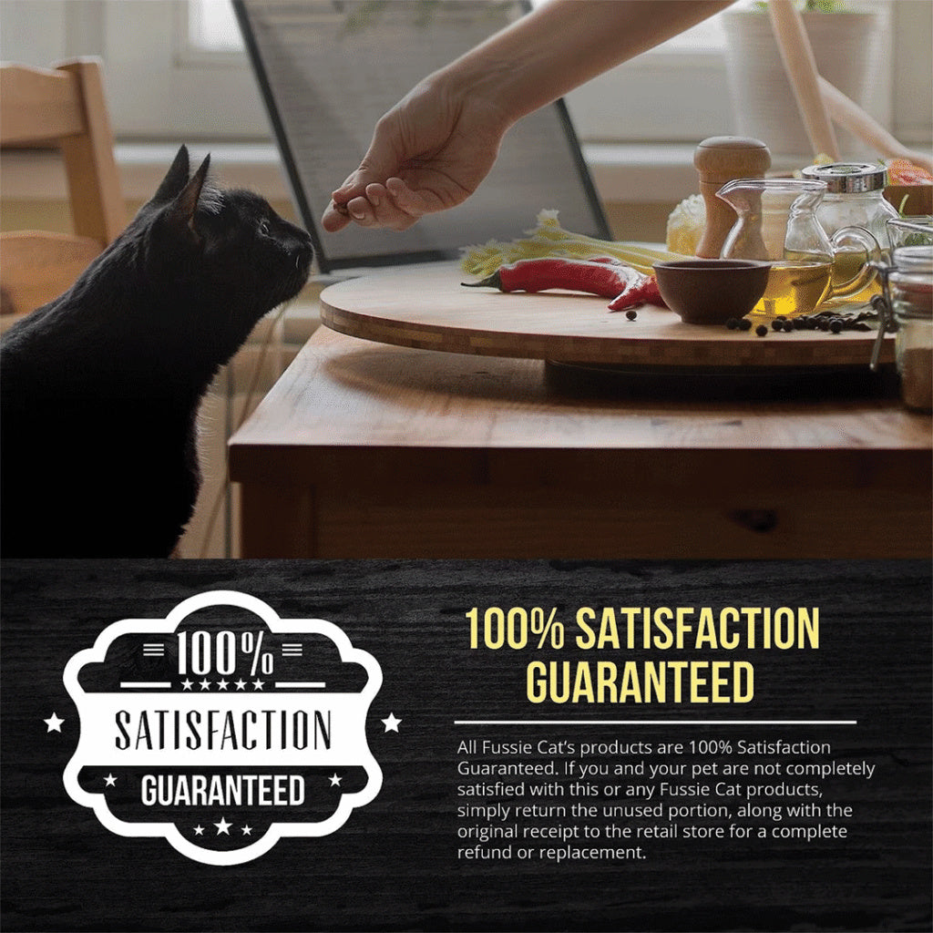 Person hand-feeding a black cat above the Fussie Cat 100 percent satisfaction guarantee graphic
