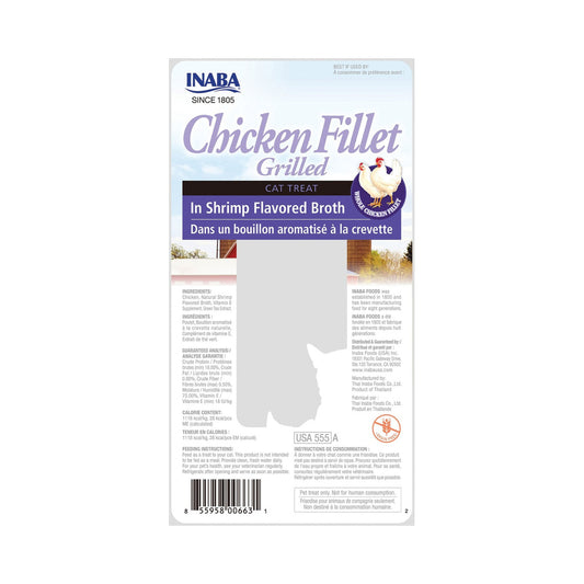 Back of Inaba Grilled Chicken Fillet in Shrimp Broth package showing ingredients and feeding directions