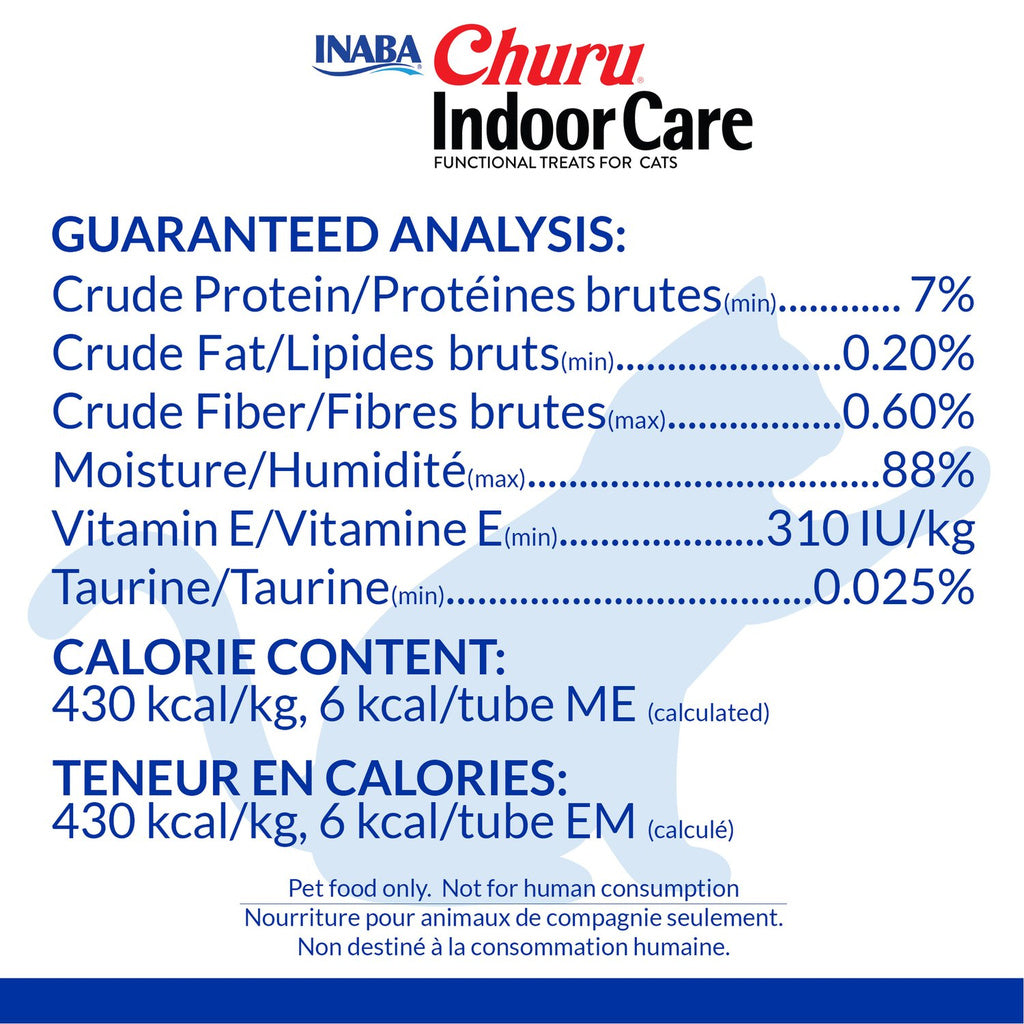 Inaba Churu Indoor Care Chicken Recipe guaranteed analysis and calorie content graphic