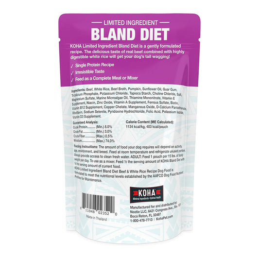 Back of KOHA Beef & White Rice Bland Diet pouch showing ingredients, nutritional analysis, and feeding instructions.