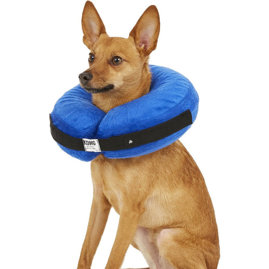 Tan dog wearing a purple KONG Cloud inflatable recovery collar with a black fastening strap.