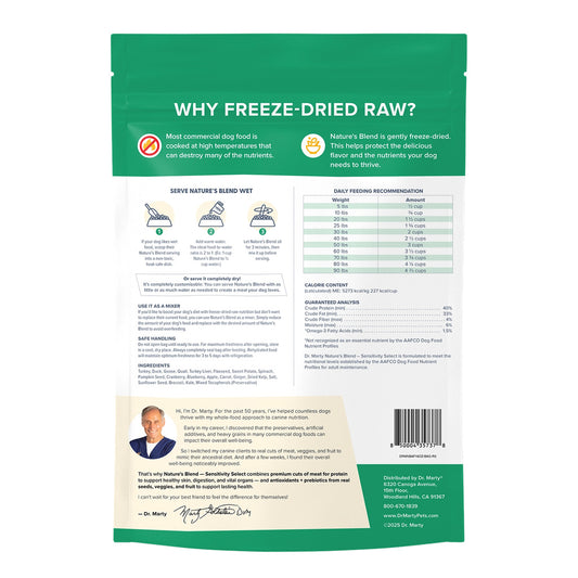 Back of Dr. Marty Nature’s Blend Sensitivity Select dog food bag showing preparation instructions, feeding recommendations, ingredients, and guaranteed analysis.