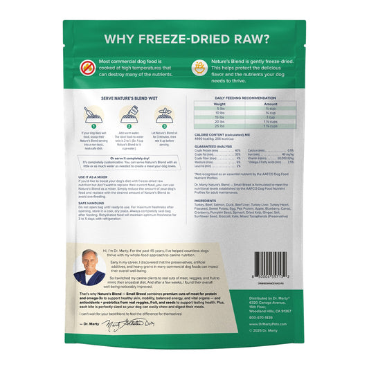 Back of Dr. Marty Nature’s Blend Small Breed dog food bag showing preparation steps, feeding recommendations, ingredients, and guaranteed analysis.