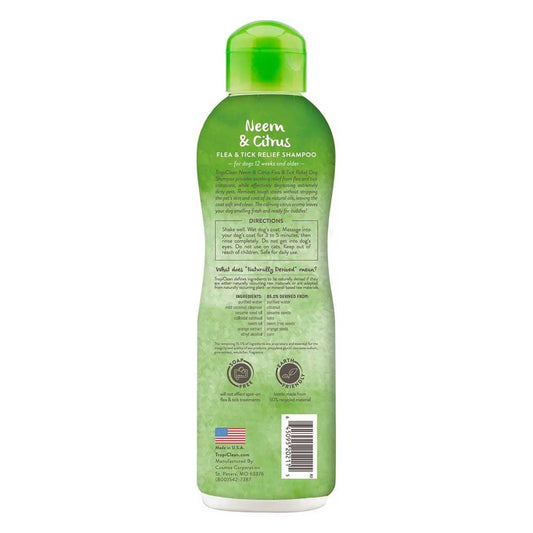 Flea & Tick Relief Neem & Citrus Shampoo 20oz back of bottle.