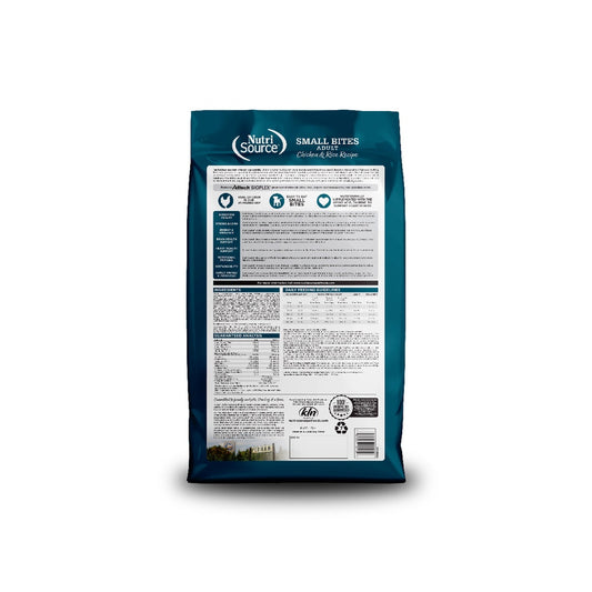 Back of NutriSource Adult Chicken and Rice Small Bites dry dog food bag