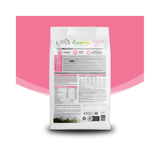 Back of NutriSource PureVita Salmon & Peas Entrée dog food bag showing ingredients, guaranteed analysis, and feeding chart